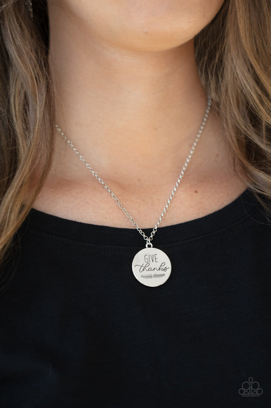 Give Thanks - Silver "Give Thanks" Stamped Pendant Paparazzi Necklace & matching earrings