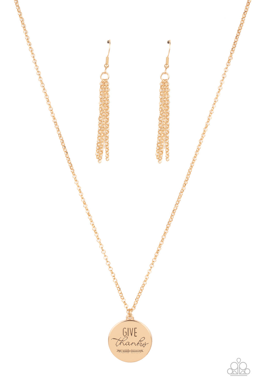 Give Thanks - Gold "Give Thanks" Stamped Pendant Paparazzi Necklace & matching earrings