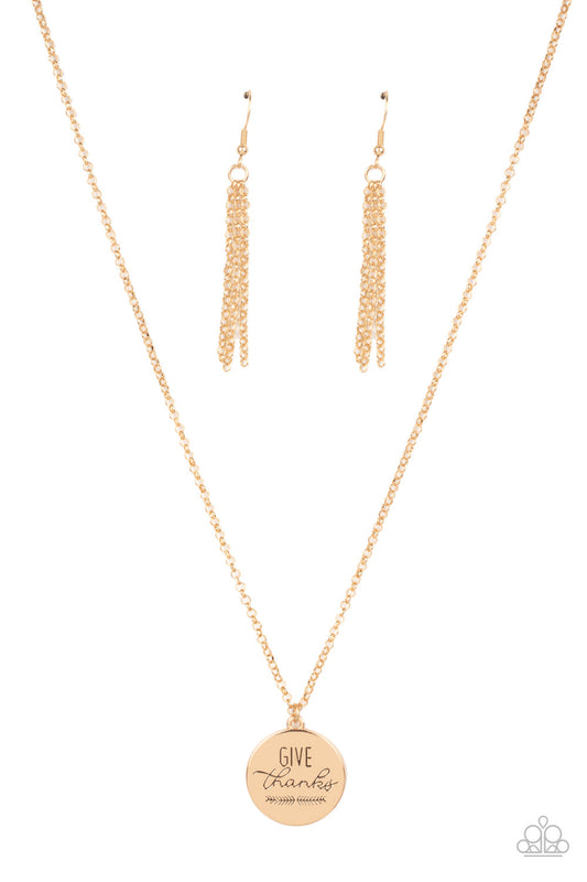 Give Thanks - Gold "Give Thanks" Stamped Pendant Paparazzi Necklace & matching earrings