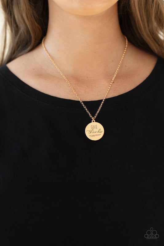 Give Thanks - Gold "Give Thanks" Stamped Pendant Paparazzi Necklace & matching earrings