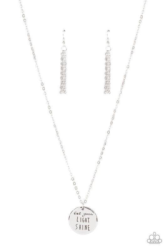 Light It Up - Silver "Let your light shine" Stamped Disc Pendant Paparazzi Necklace & matching earrings