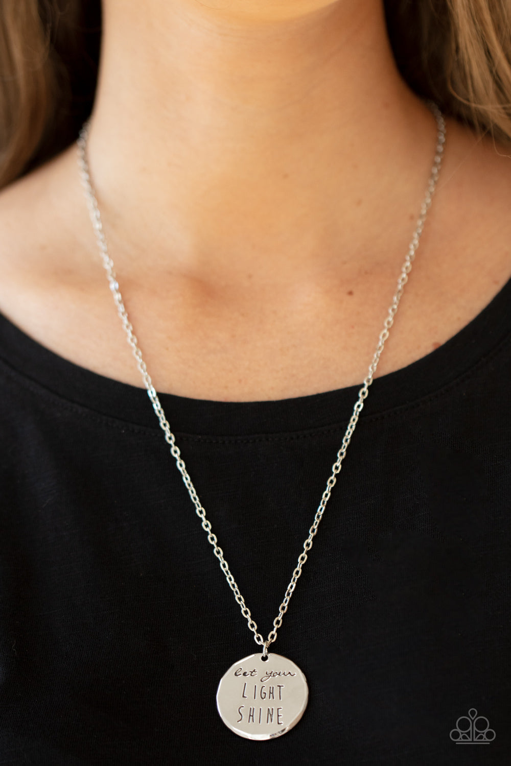 Light It Up - Silver "Let your light shine" Stamped Disc Pendant Paparazzi Necklace & matching earrings