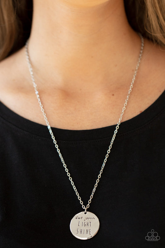 Light It Up - Silver "Let your light shine" Stamped Disc Pendant Paparazzi Necklace & matching earrings