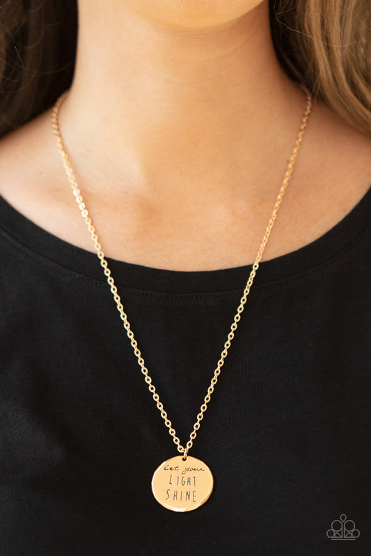 Light It Up - Gold "Let your light shine" Stamped Disc Pendant Paparazzi Necklace & matching earrings