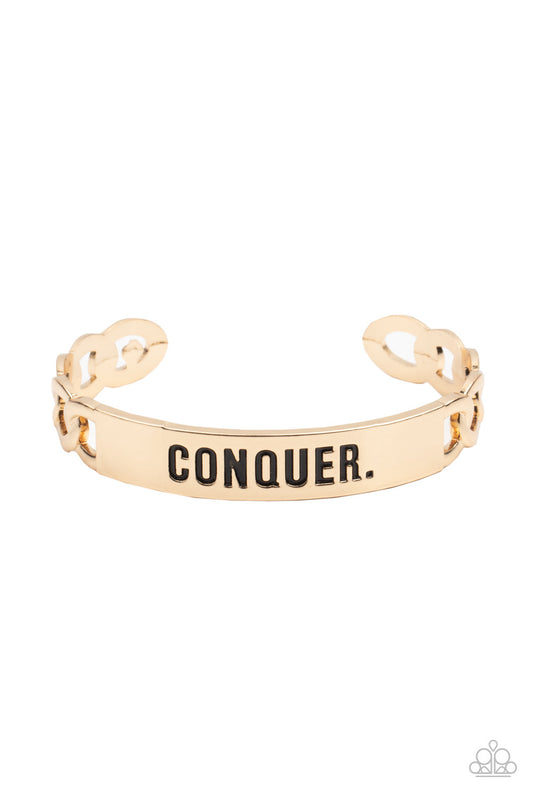Conquer Your Fears - Gold "CONQUER" Stamped Paparazzi Men's Cuff Bracelet