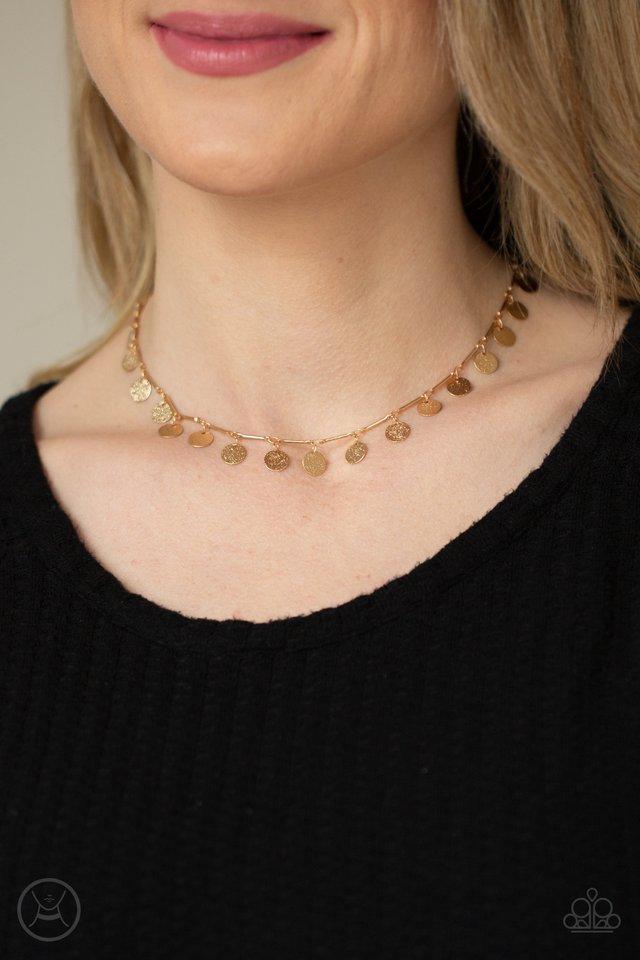 Musically Minimalist - Gold Hammered Disc Paparazzi Choker Necklace & matching earrings