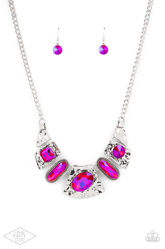Futuristic Fashionista - Pink UV Shimmer Gem & Hammered Silver Plate Paparazzi Necklace & matching earrings