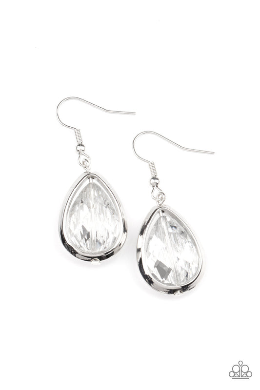 Drop-Dead Duchess - Silver Teardrop & Glittery Rhinestone Paparazzi Earrings