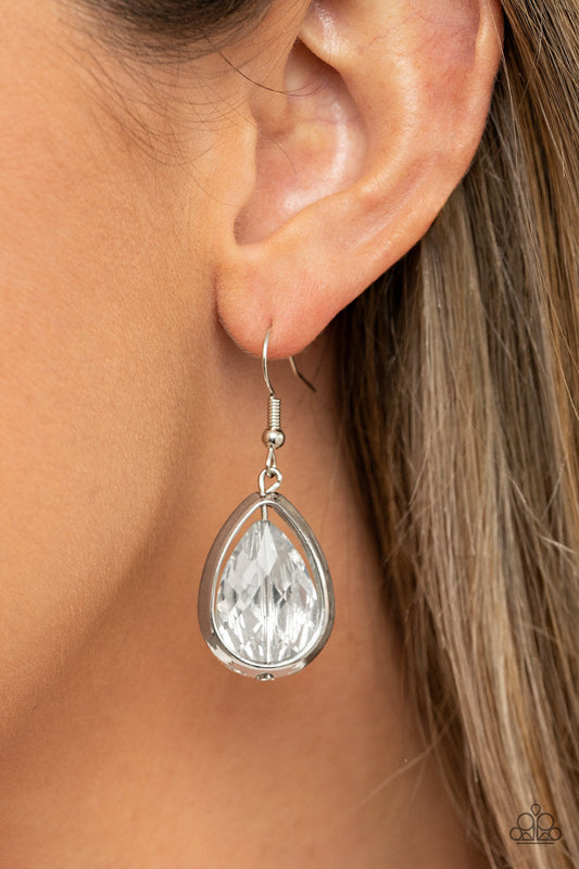 Drop-Dead Duchess - Silver Teardrop & Glittery Rhinestone Paparazzi Earrings