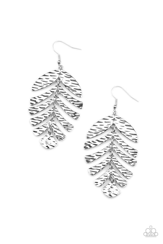 Palm Lagoon - Silver Rippling Texture Palm Leaf Paparazzi Earrings
