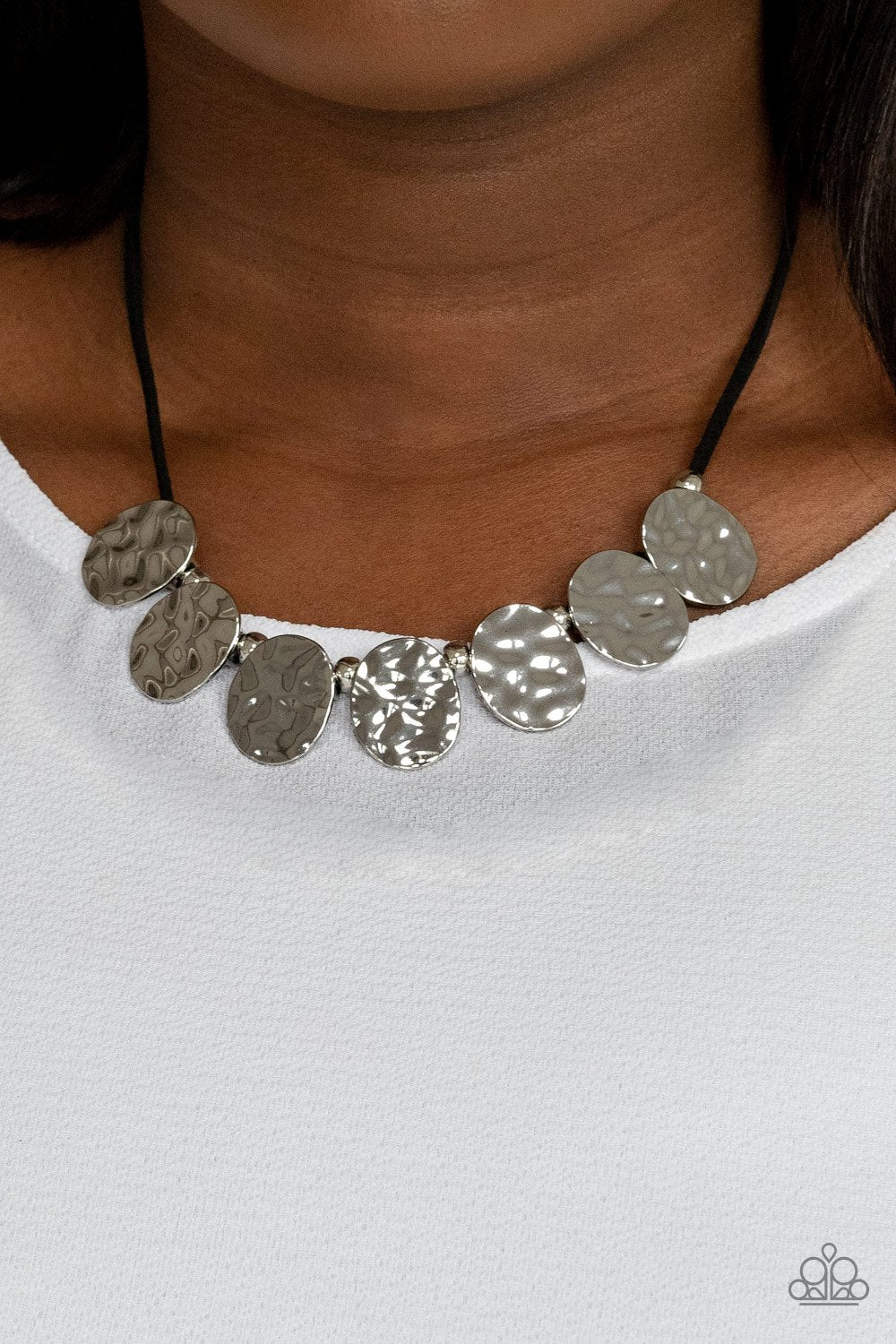 Turn Me Loose - Black Cording & Rustic Finish Asymmetrical Oval Frame Paparazzi Necklace & matching earrings