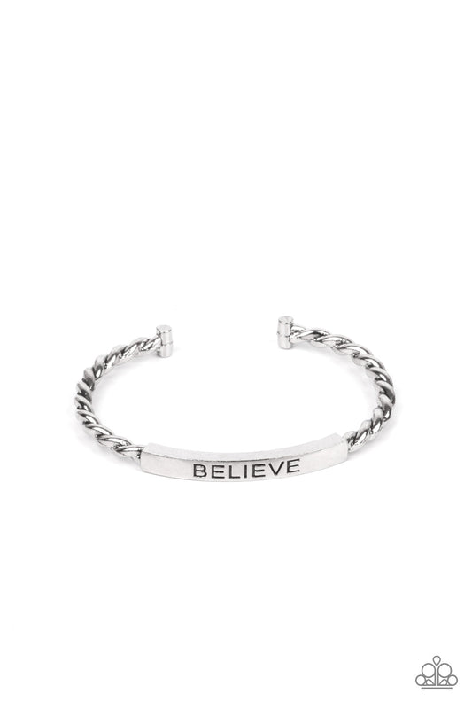 Keep Calm and Believe - Silver "BELIEVE" Stamped Plate Paparazzi Men's Cuff Bracelet