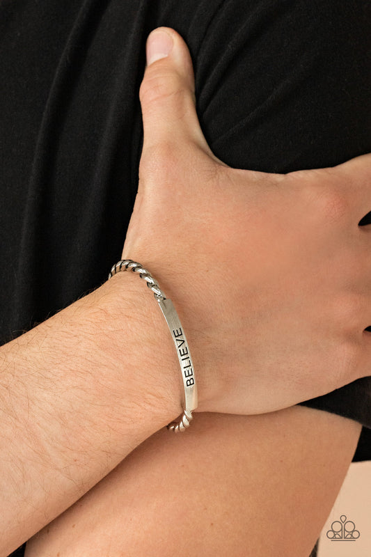 Keep Calm and Believe - Silver "BELIEVE" Stamped Plate Paparazzi Men's Cuff Bracelet