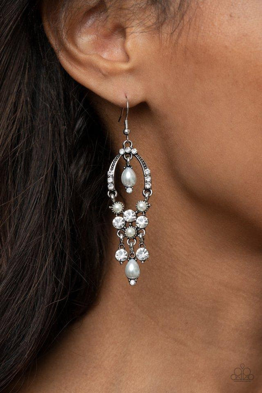 Back In The Spotlight - White Pearl & Rhinestone Paparazzi Earrings