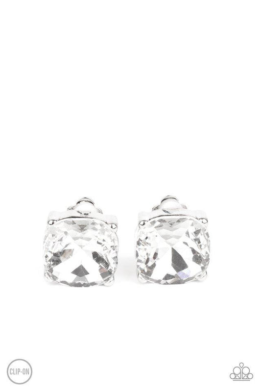 Bombshell Brilliance - White Oversized Gem Paparazzi CLIP-ON Earrings