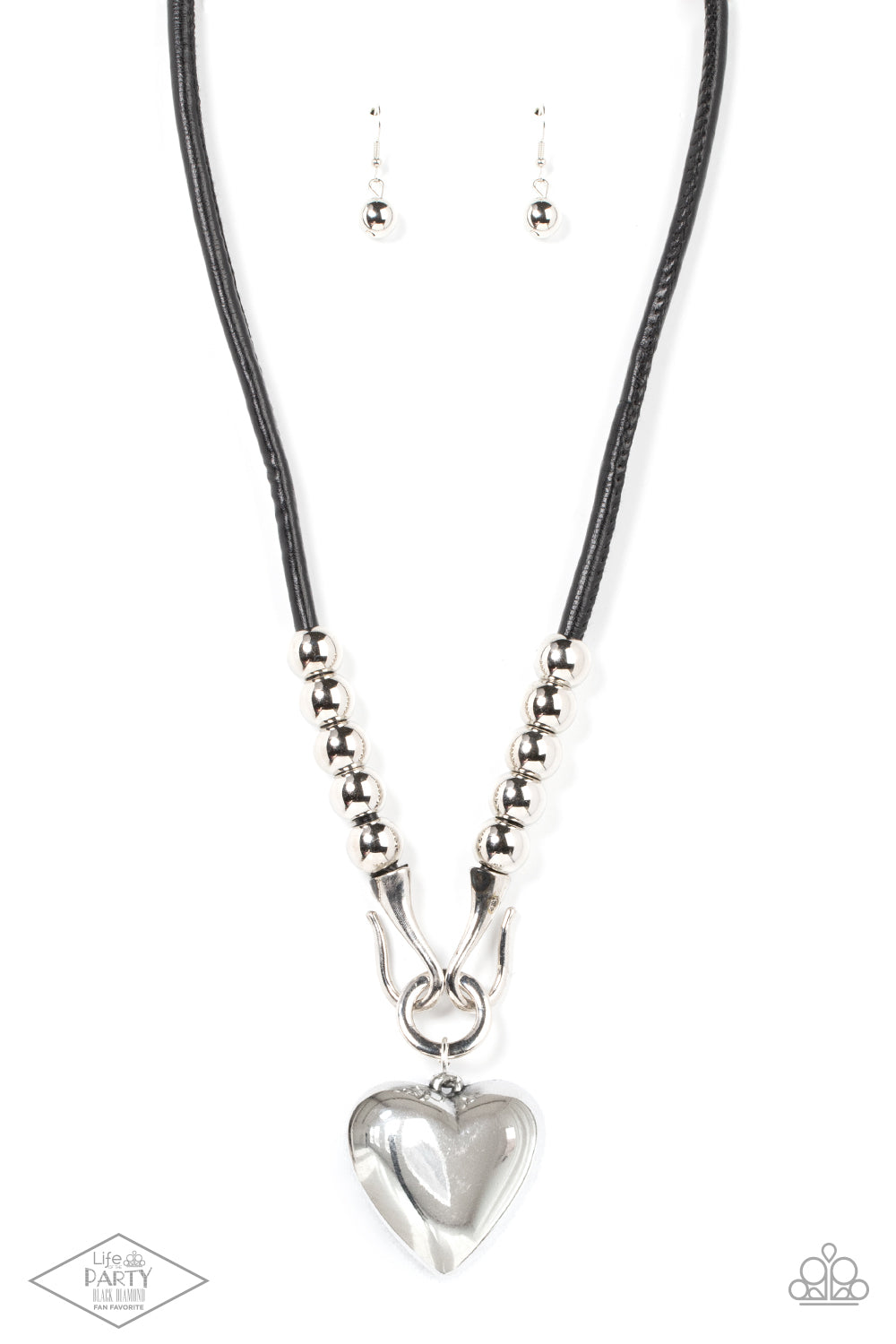 Forbidden Love - Black Bole Leather Cord & Oversized Silver Heart Pendant Paparazzi Necklace & matching earrings
