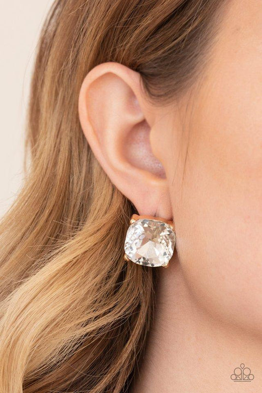 Royalty High - Gold Post/Oversized White Gem Paparazzi Earrings