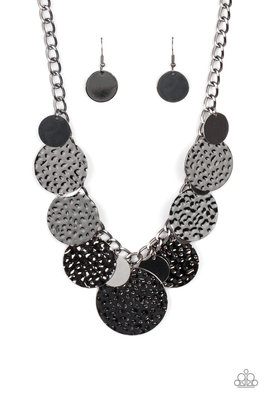 Industrial Grade Glamour - Gunmetal Hammered & Oversized Silver Disc Paparazzi Necklace & matching earrings