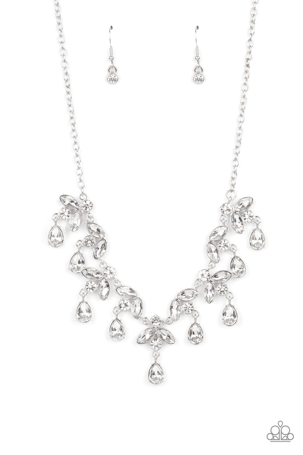 Vintage Royale - White Rhinestones & Leafy Silver Frame Paparazzi Necklace & matching earrings