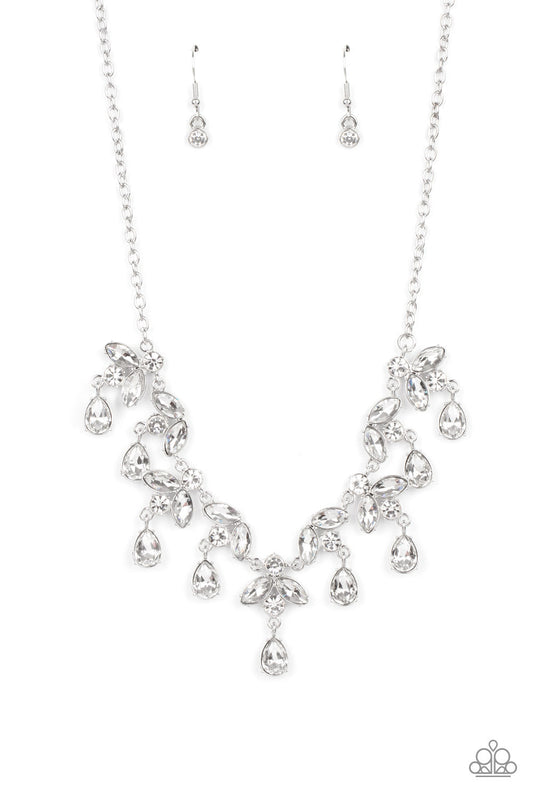Vintage Royale - White Rhinestones & Leafy Silver Frame Paparazzi Necklace & matching earrings