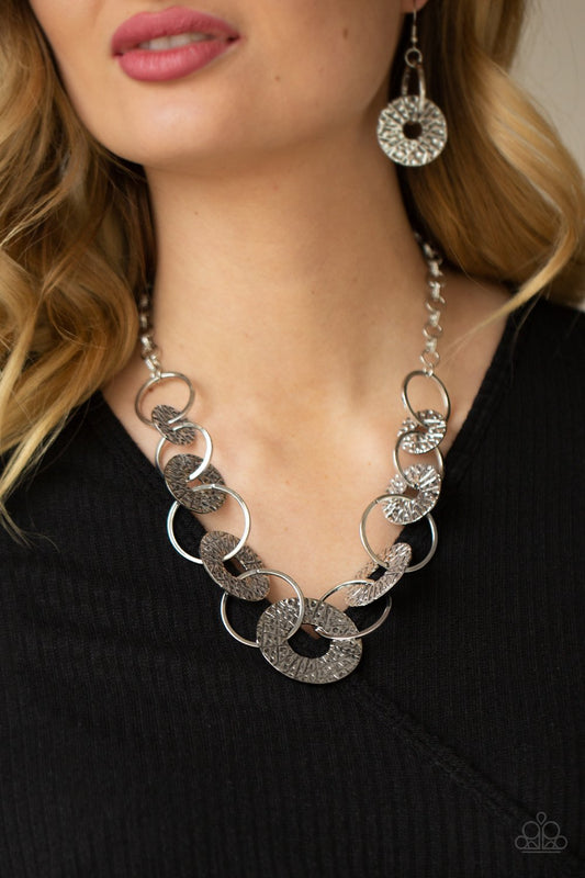 Industrial Envy - Silver Rings & Abstract Hammered Disc Paparazzi Necklace & matching earrings