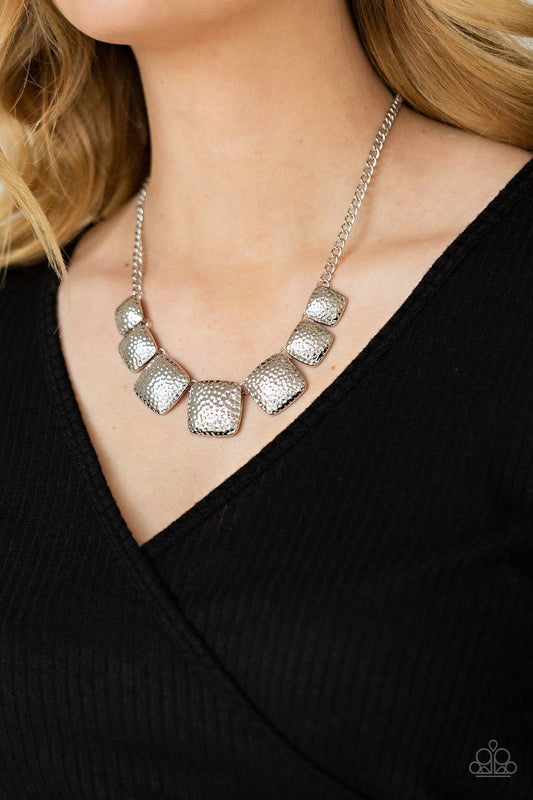 Keeping It RELIC - Silver Hammered Square Frame Paparazzi Necklace & matching earrings