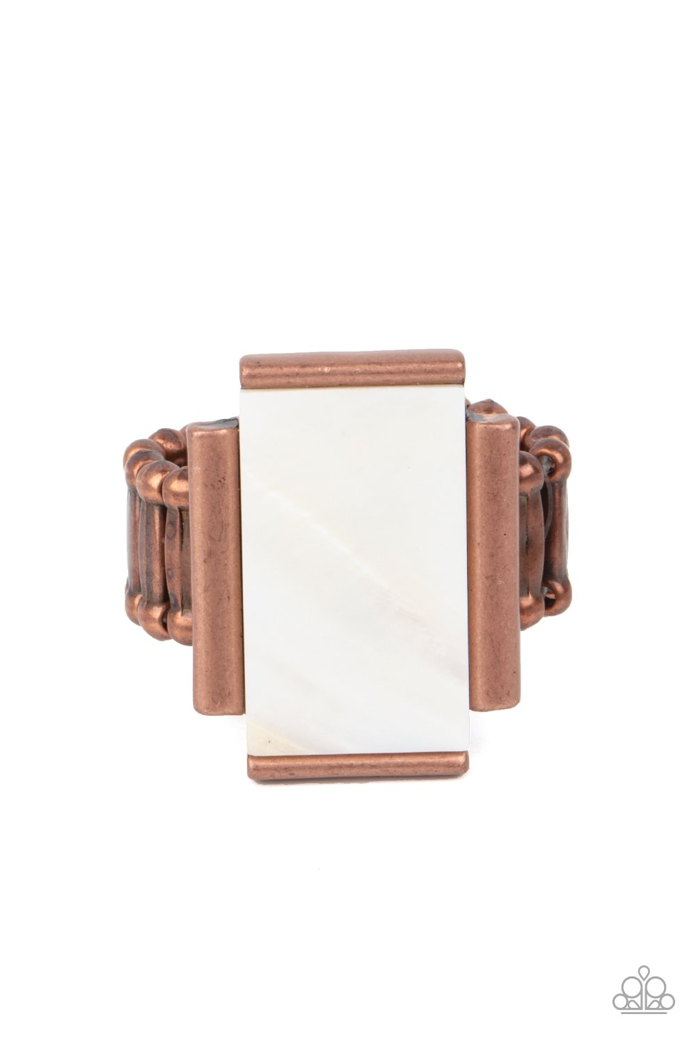 Mystical Marinas - Copper Fitting & Iridescent Shimmer White Shell-Like Rectangle Paparazzi Ring