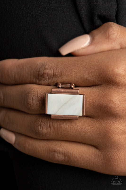 Mystical Marinas - Copper Fitting & Iridescent Shimmer White Shell-Like Rectangle Paparazzi Ring