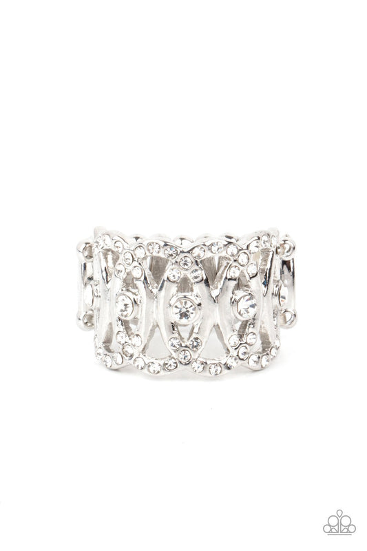 OVAL-Ruled - White Dainty Rhinestone & Overlapping Silver Ovals Paparazzi Ring