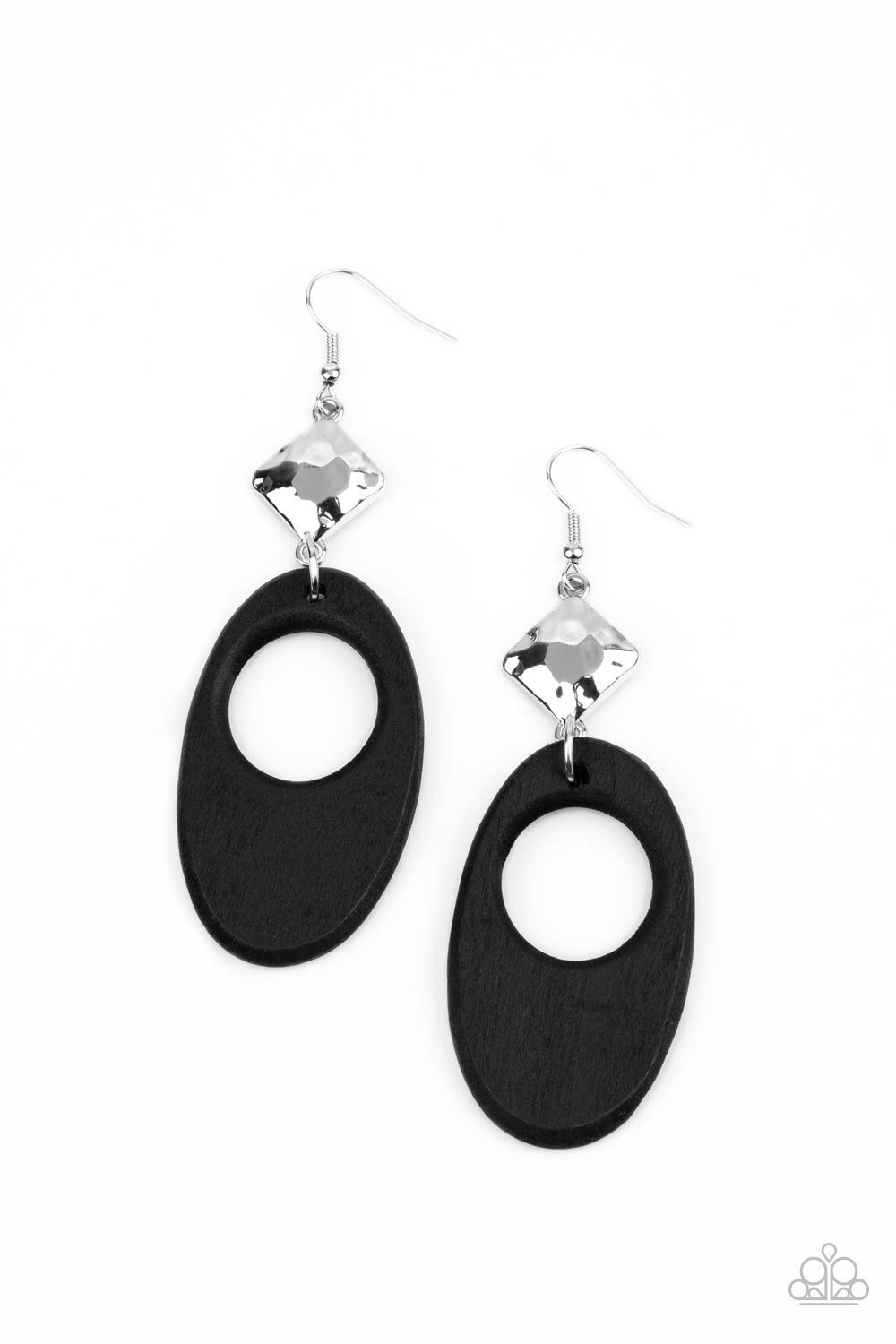 Retro Reveal - Black Wooden Oval & Hammered Silver Frame Paparazzi Earrings
