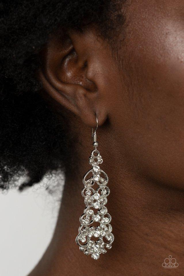 Diva Decorum - White Rhinestone Filigree Paparazzi Earrings