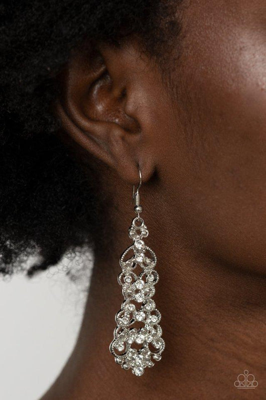 Diva Decorum - White Rhinestone Filigree Paparazzi Earrings