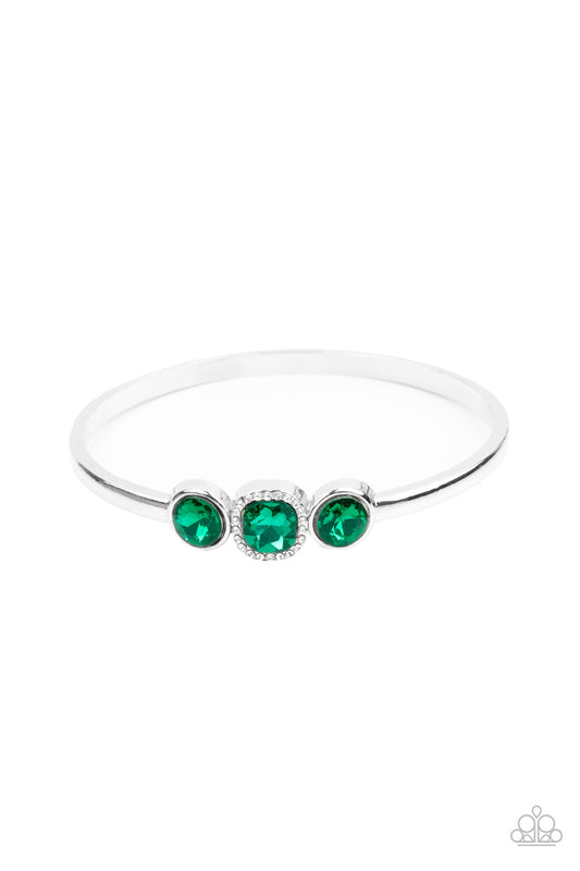 Royal Demands - Green Rhinestones & Thick Silver Bangle Paparazzi Bracelet