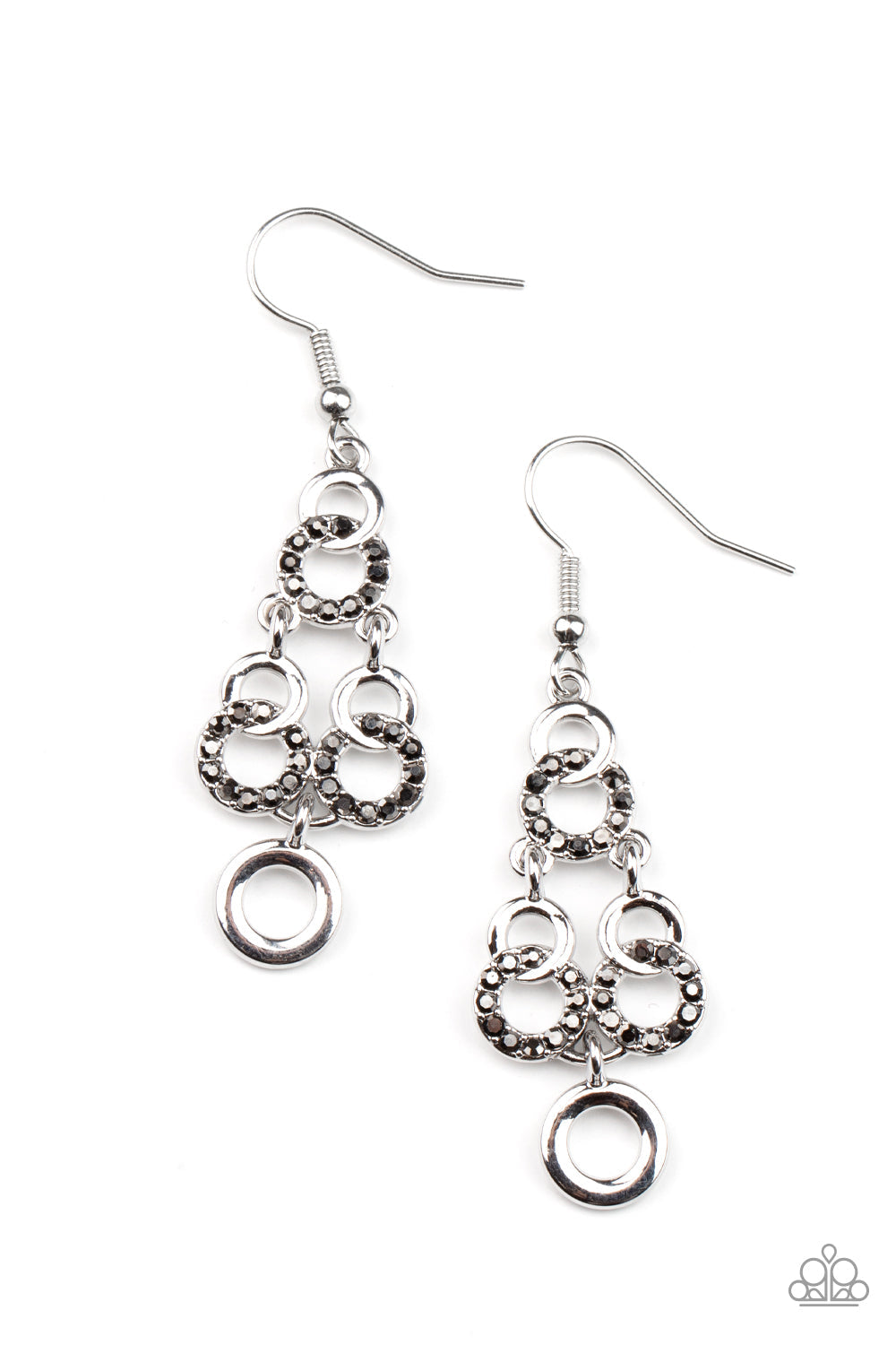 Luminously Linked - Silver Linked Rings & Dainty Hematite Rhinestone Paparazzi Earrings