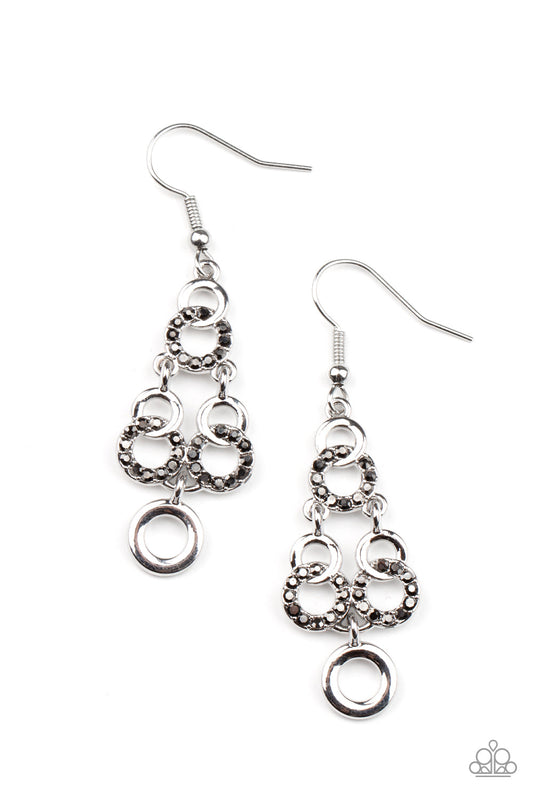 Luminously Linked - Silver Linked Rings & Dainty Hematite Rhinestone Paparazzi Earrings