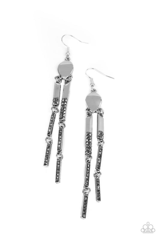 Defined Dazzle - Silver Rectangular Fames & Dainty Hematite Rhinestone Paparazzi Earrings