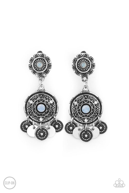 A DREAMCATCHER Come True - Blue Opalescent Rhinestone & Floral Silver Disc Paparazzi CLIP-ON Earrings