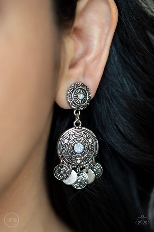 A DREAMCATCHER Come True - Blue Opalescent Rhinestone & Floral Silver Disc Paparazzi CLIP-ON Earrings