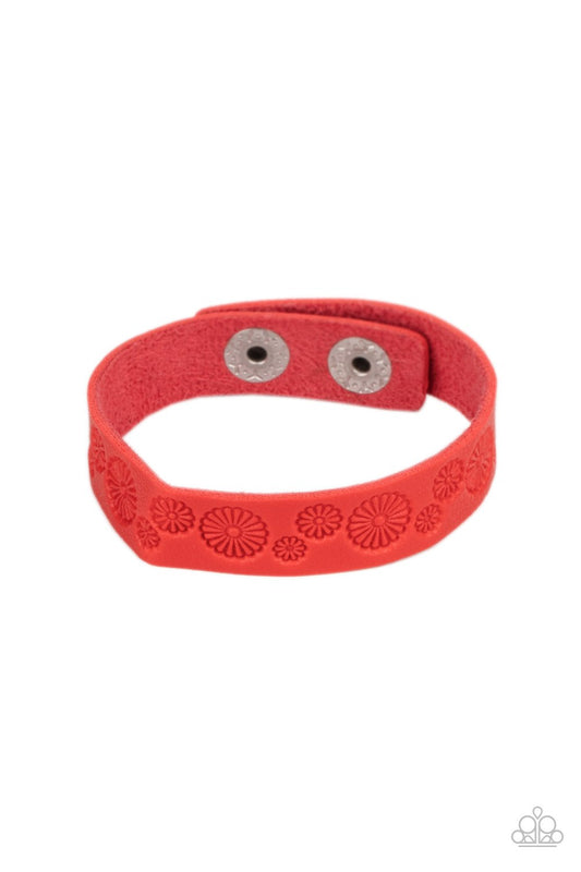 Follow The Wildflowers - Red Leather/Floral Stamped Pattern Paparazzi Snap Bracelet