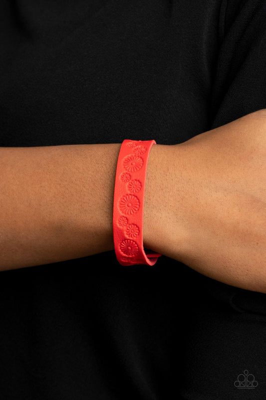 Follow The Wildflowers - Red Leather/Floral Stamped Pattern Paparazzi Snap Bracelet