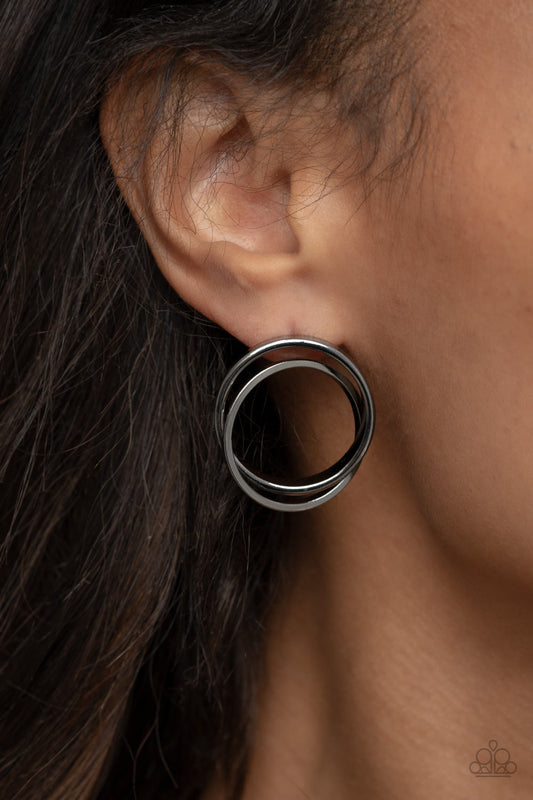 Always In The Loop - Gunmetal Interlocking Rings Paparazzi Post Earrings