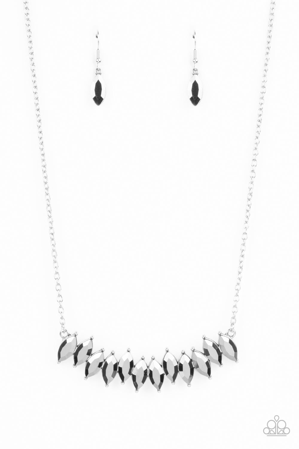 Icy Intensity - Silver Hematite Marquise Cut Rhinestone Collar Paparazzi Necklace & matching earrings