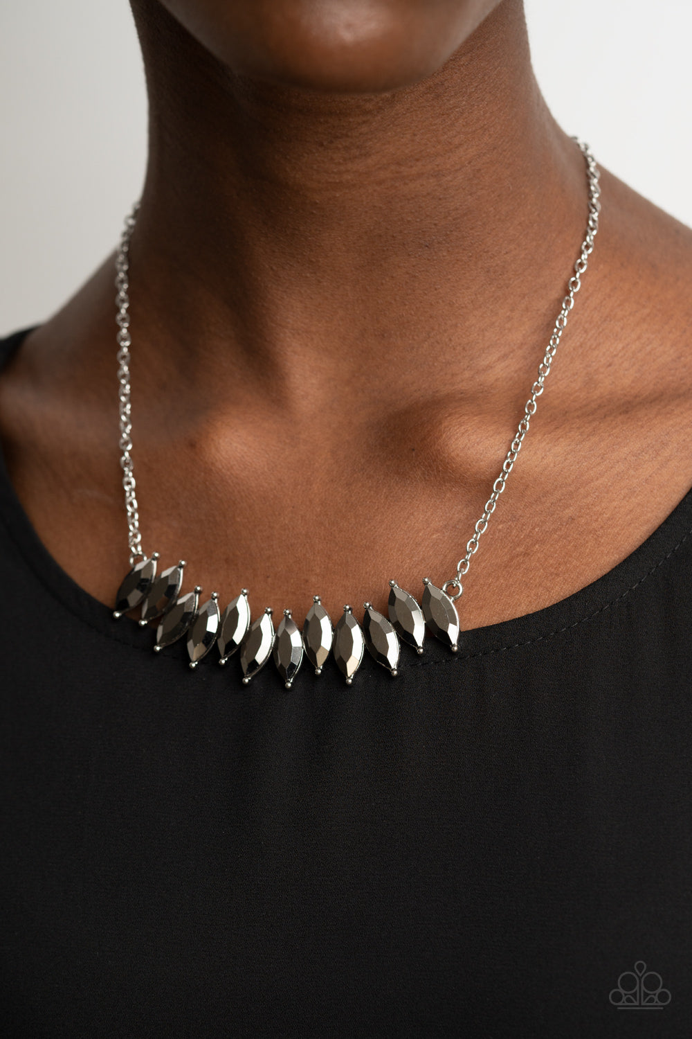 Icy Intensity - Silver Hematite Marquise Cut Rhinestone Collar Paparazzi Necklace & matching earrings