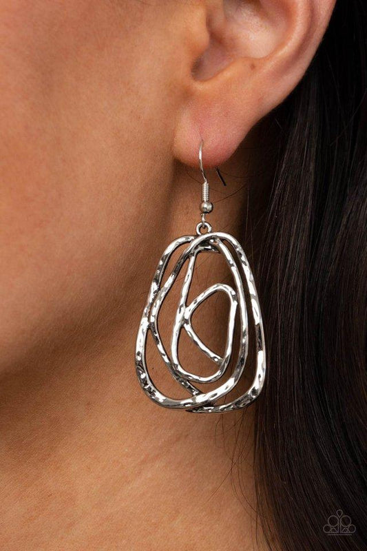 Artisan Relic - Silver Hammered Rustic Asymmetrical Frame Paparazzi Earrings