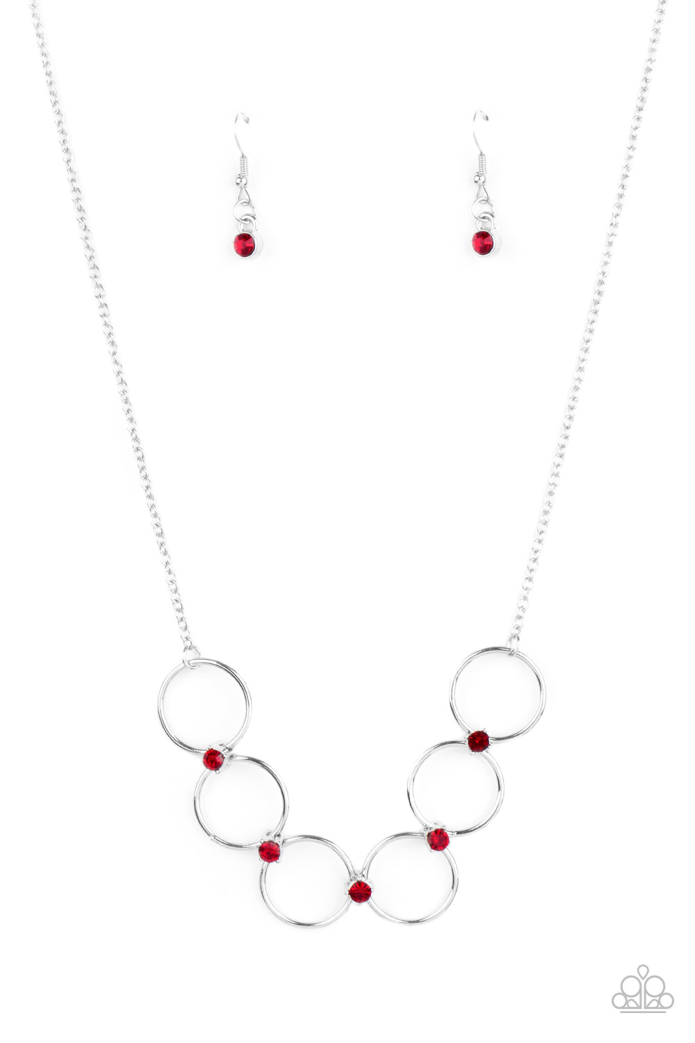 Regal Society - Red Dainty Rhinestones & Silver Linked Rings Paparazzi Necklace & matching earrings