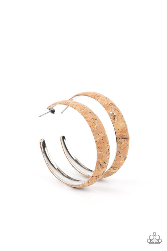A CORK In The Road - Silver Veined Cork Paparazzi Hoop Earrings