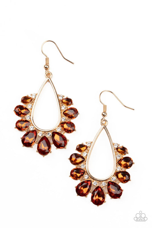 Two Can Play That Game - Brown/Topaz Teardrop Rhinestones & White Rhinestone Paparazzi Earrings