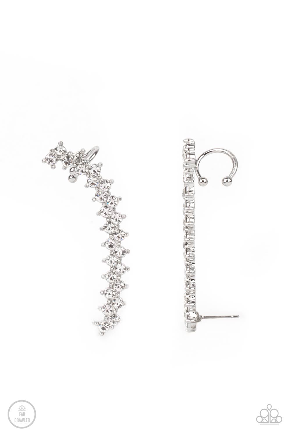 Let There Be LIGHTNING - White Zigzagging Stacked Rhinestone Encrusted Paparazzi Ear Crawler Earrings
