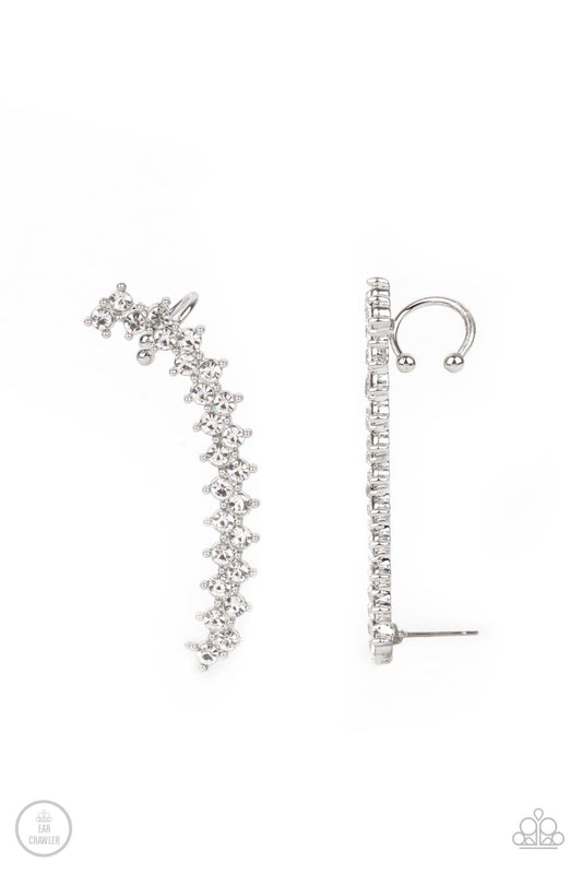 Let There Be LIGHTNING - White Zigzagging Stacked Rhinestone Encrusted Paparazzi Ear Crawler Earrings