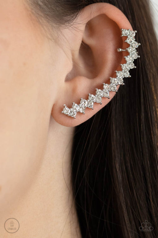 Let There Be LIGHTNING - White Zigzagging Stacked Rhinestone Encrusted Paparazzi Ear Crawler Earrings